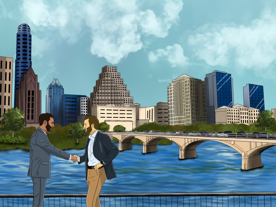 Two businesspeople standing on the south shore of the Colorado River in downtown Austin shaking hands, symbolic of mutual trust.