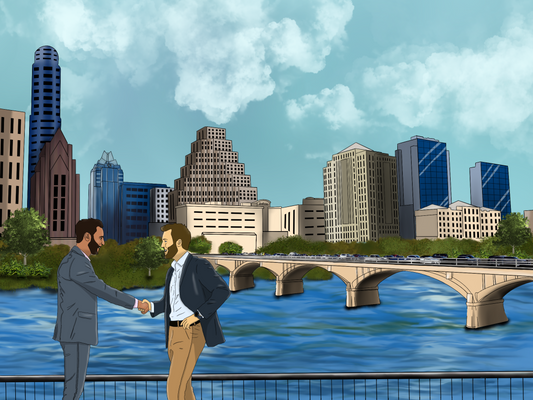 Two businesspeople standing on the south shore of the Colorado River in downtown Austin shaking hands, symbolic of mutual trust.