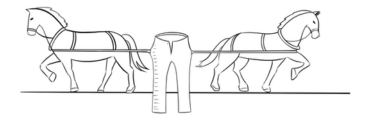 Two horses pull a pair of denim jeans