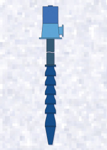 Diagram of multistage vertical pump with suction strainer, pump bowl assembly, column, discharge head, and motor